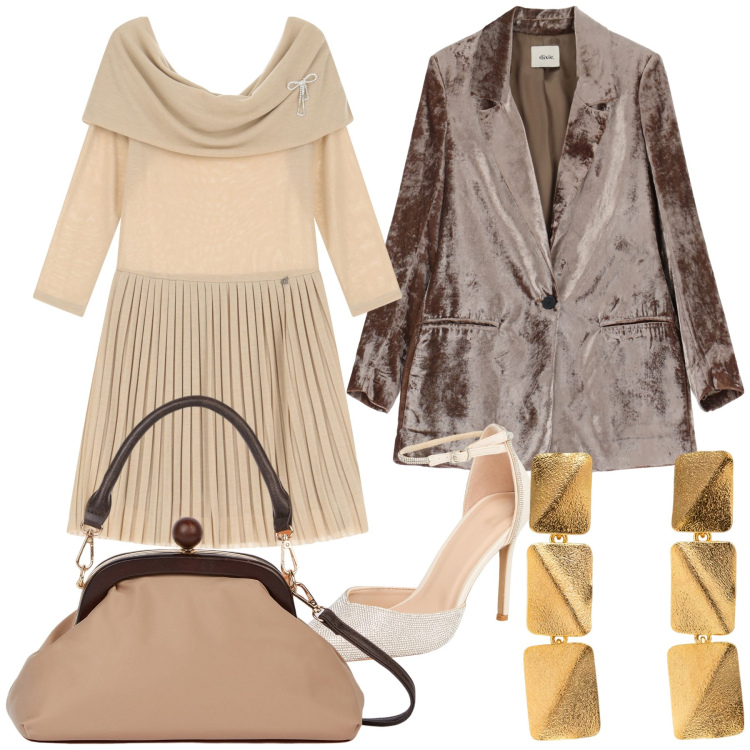 Outfit donna - Cerimonia a toni neutri. Stile Bon Ton per Cerimonia. Abbinamento con décolleté, blazer, vestiti, clutch, orecchini.