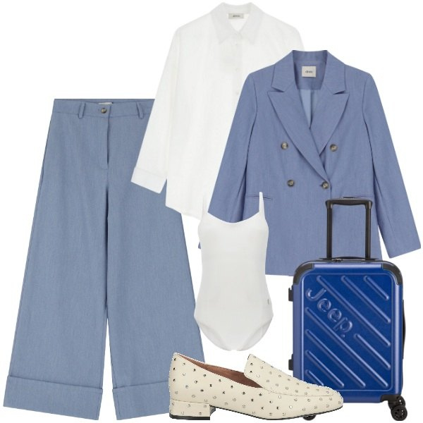 Outfit donna - In trasferta. Stile Mannish per Ufficio. Abbinamento con mocassini, body, camicie, pantaloni a palazzo, blazer, valigie.