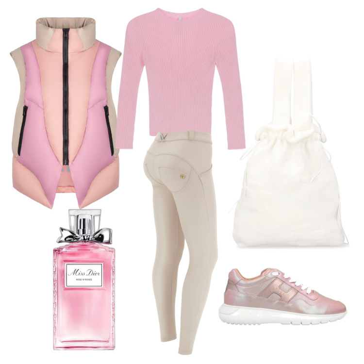 Outfit donna - Sportiva con classe. Stile Sporty chic per Tutti i giorni. Abbinamento con sneakers, profumi, maglieria, pantaloni skinny, piumini, borse a mano.