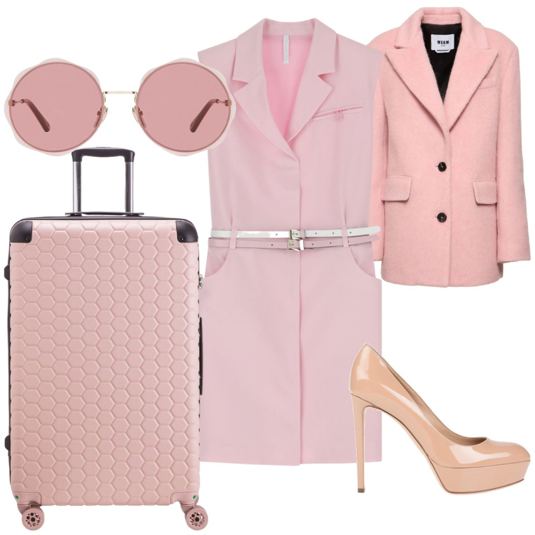 Outfit donna - Viaggio di lavoro in rosa. Stile Glamour per Tutti i giorni. Abbinamento con décolleté, occhiali da sole, vestiti corti, valigie, cappotti.