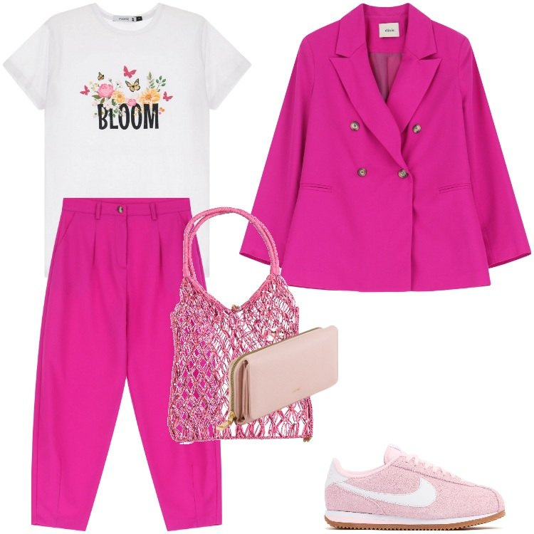 Outfit donna - Total look #2081586. Stile Sporty chic per Tutti i giorni. Abbinamento con borse a mano, t-shirt, blazer, pantaloni, sneakers, portafogli.