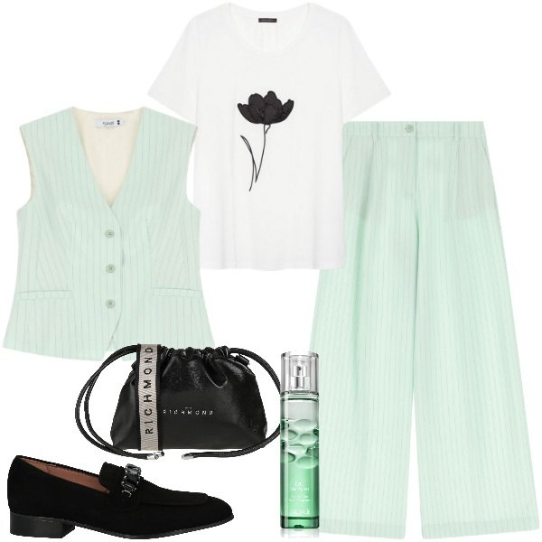 Outfit donna - Il completo con gilet. Stile Trendy per Ufficio. Abbinamento con mocassini, borse a tracolla, profumi, gilet, pantaloni a palazzo, t-shirt.