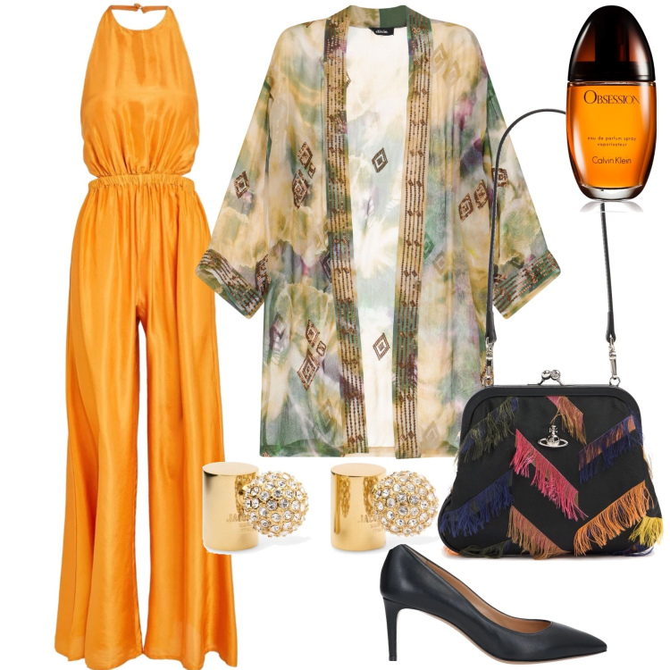 Outfit donna - Evento in tuta. Stile Glamour per Serata fuori. Abbinamento con tute, décolleté, profumi, trench, pochette, orecchini.