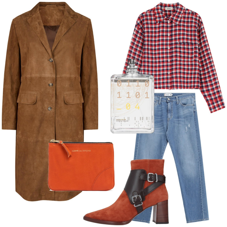 Outfit donna - Total look #2081592. Stile Trendy per Tutti i giorni. Abbinamento con stivaletti, profumi, jeans strappati, camicie, cappotti, portafogli.