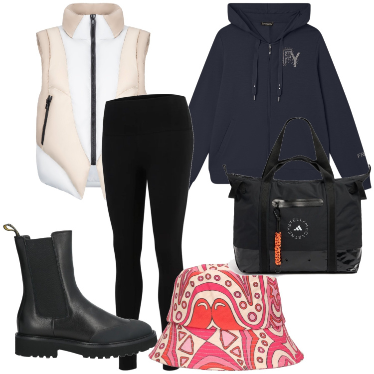 Outfit donna - Improvvisamente un acquazzone. Stile Trendy per Tutti i giorni. Abbinamento con stivaletti chelsea, leggings, felpe con cappuccio, piumini, cappelli, shopping bag.