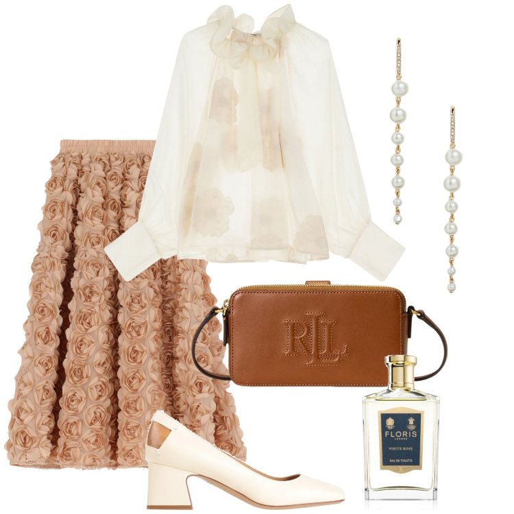 Outfit donna - Au théâtre. Stile Boho per Serata fuori. Abbinamento con décolleté, profumi, bluse, gonne, portafogli, orecchini.