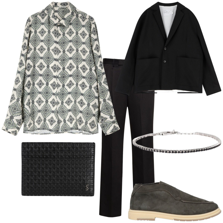 Outfit uomo - Total look #2081615. Stile Trendy per Serata speciale. Abbinamento con stivali e stivaletti, portafogli, braccialetti, camicie, giacche, pantaloni.
