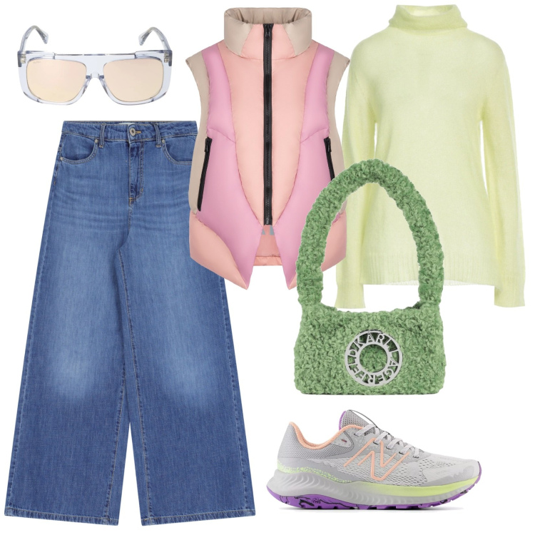 Outfit donna - Mini bag. Stile Urban per Tutti i giorni. Abbinamento con borse a spalla, maglieria, sneakers, pantaloni a palazzo, piumini, occhiali da sole.