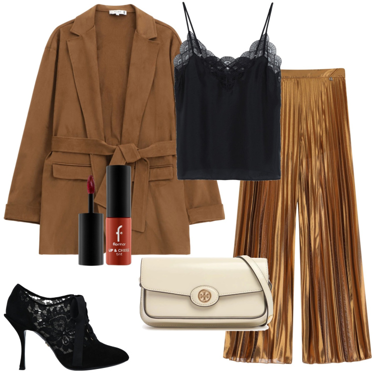 Outfit donna - Color moka. Stile Chic per Serata fuori. Abbinamento con stivaletti, top, blush, blazer, pantaloni a palazzo, borse a spalla.