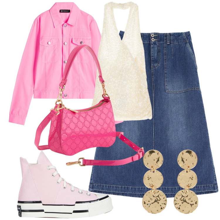 Outfit donna - Midi in jeans. Stile Trendy per Tutti i giorni. Abbinamento con sneakers alte, gonne, blazer, top, orecchini, borse a tracolla.