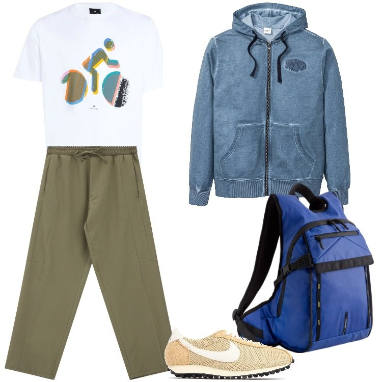 Outfit uomo - Total look #2081634. Stile Urban per Tutti i giorni. Abbinamento con felpe con cappuccio, t-shirt, pantaloni cargo, sneakers, borse sportive.