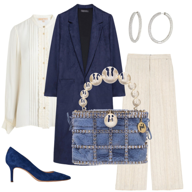 Outfit donna - Borsa jeans perle e pietre. Stile Chic per Serata fuori. Abbinamento con camicie, orecchini, pantaloni a palazzo, décolleté, trench, borse a mano.
