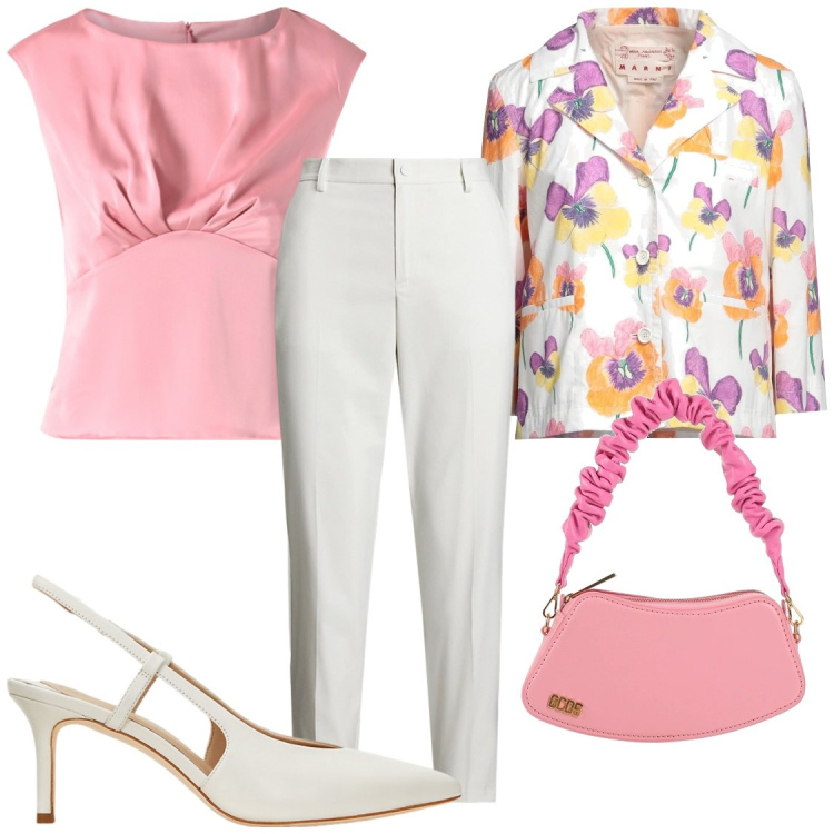 Outfit donna - Tra moderno e retro\'. Stile Romantica per Serata fuori. Abbinamento con borse a mano, blazer, top, pantaloni, décolleté.
