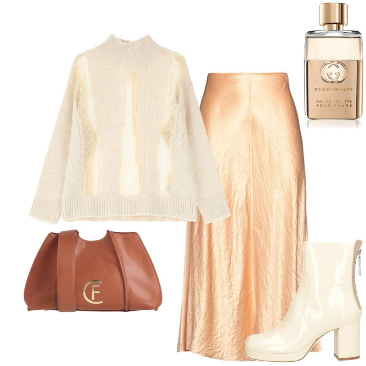 Outfit donna - Total look #2081640. Stile Chic per Tutti i giorni. Abbinamento con borse a tracolla, stivaletti, gonne longuette, profumi, maglieria.
