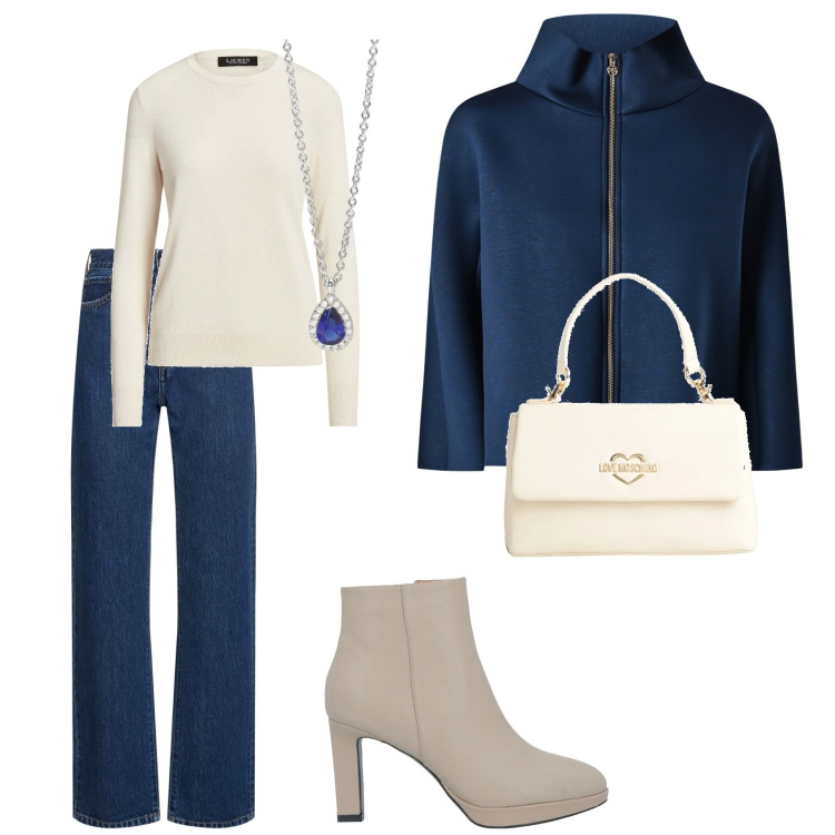 Outfit donna - Aspettando la primavera. Stile Casual chic per Tutti i giorni. Abbinamento con pullovers, stivaletti, borse a mano, collane, cappe, jeans dritti.
