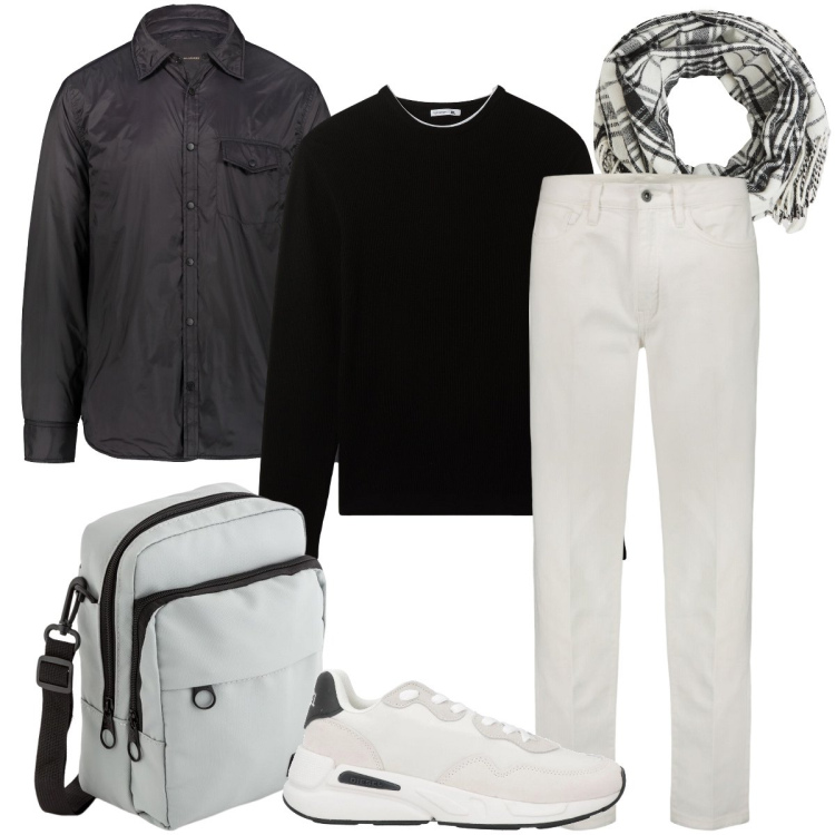 Outfit uomo - Il pantalone bianco. Stile Urban per Ufficio. Abbinamento con sneakers, sciarpe, maglieria, giacche, pantaloni, borse sportive.