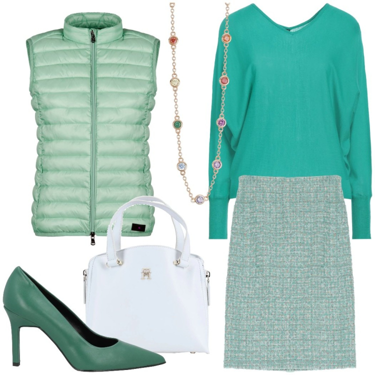 Outfit donna - Verde bon ton. Stile Bon Ton per Ufficio. Abbinamento con borse a mano, décolleté, pullovers, collane, gonne longuette, piumini.