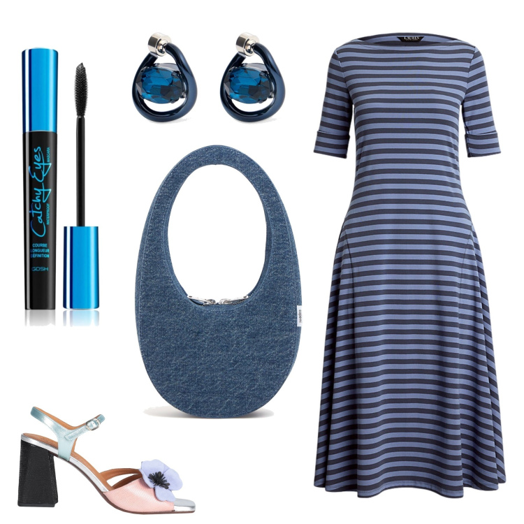Outfit donna - Denim e righe blu. Stile Casual chic per Tutti i giorni. Abbinamento con sandali in pelle, mascara, vestiti, borse a mano, orecchini.