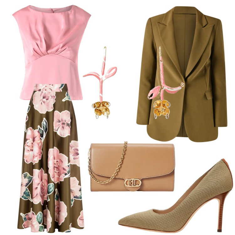Outfit donna - Floreale vintage in primavera. Stile Chic per Serata fuori. Abbinamento con orecchini, top, blazer, gonne, décolleté, borse a tracolla.