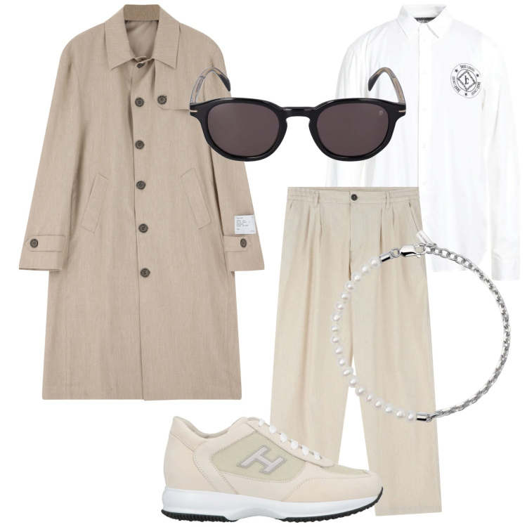 Outfit uomo - Trench lungo. Stile Business/Elegante per Ufficio. Abbinamento con sneakers, camicie, braccialetti, pantaloni, trench, occhiali da sole.