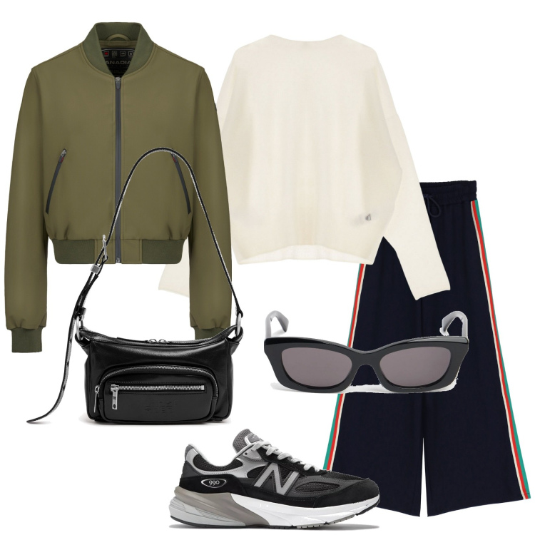 Outfit donna - Total look #2081684. Stile Casual per Tutti i giorni. Abbinamento con sneakers, pantaloni, pullovers, bomber, occhiali da sole, borse a spalla.