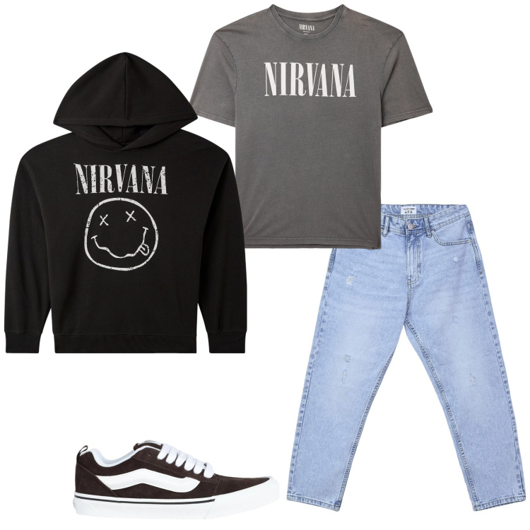 Outfit uomo - Grunge. Stile Urban per Tutti i giorni. Abbinamento con sneakers, felpe con cappuccio, t-shirt, jeans strappati.