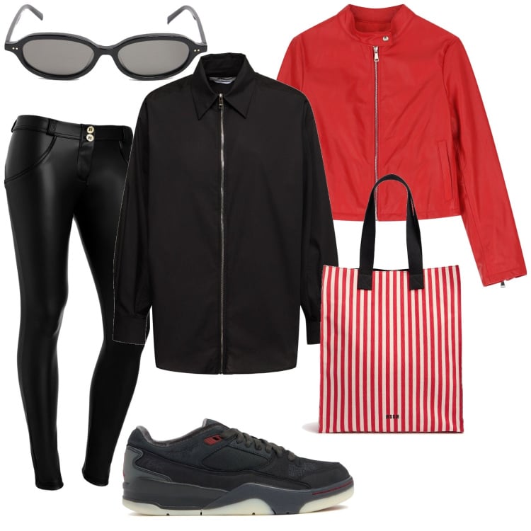 Outfit donna - Total look #2081693. Stile Trendy per Tutti i giorni. Abbinamento con giacche, pantaloni skinny, shopping bag, occhiali da sole, camicie, sneakers.