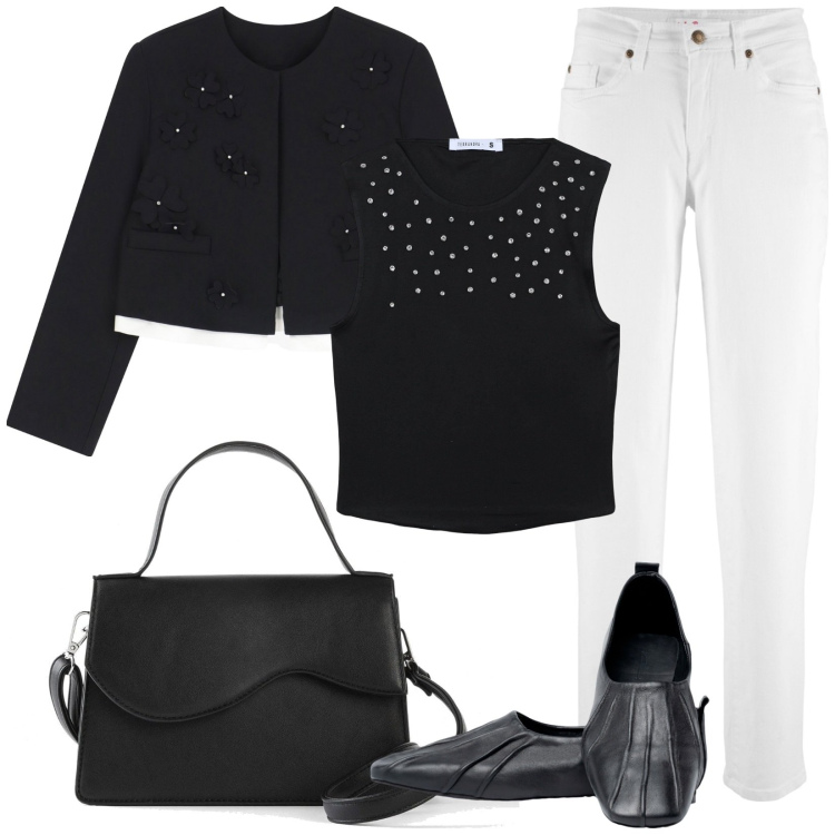 Outfit donna - Black and White. Stile Casual per Tutti i giorni. Abbinamento con jeans mom, borse a tracolla, top, blazer, ballerine.