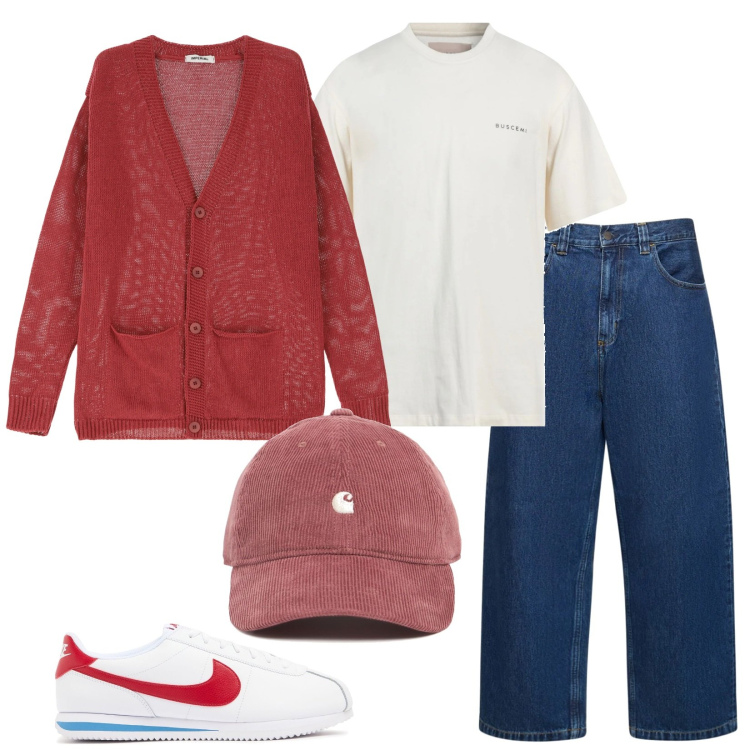 Outfit uomo - Red cardigan. Stile Casual per Tutti i giorni. Abbinamento con t-shirt, cardigans, jeans, cappelli, sneakers.