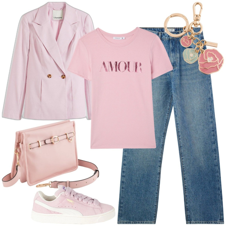 Outfit donna - Total look #2081703. Stile Romantica per Tutti i giorni. Abbinamento con blazer, sneakers, t-shirt, jeans dritti, portachiavi, borse a tracolla.