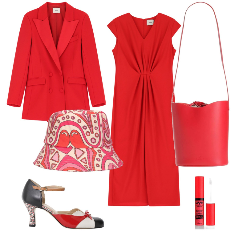 Outfit donna - In ufficio di rosso vestita. Stile Glamour per Ufficio. Abbinamento con borse a mano, gloss, vestiti midi/longuette, décolleté, blazer, cappelli.