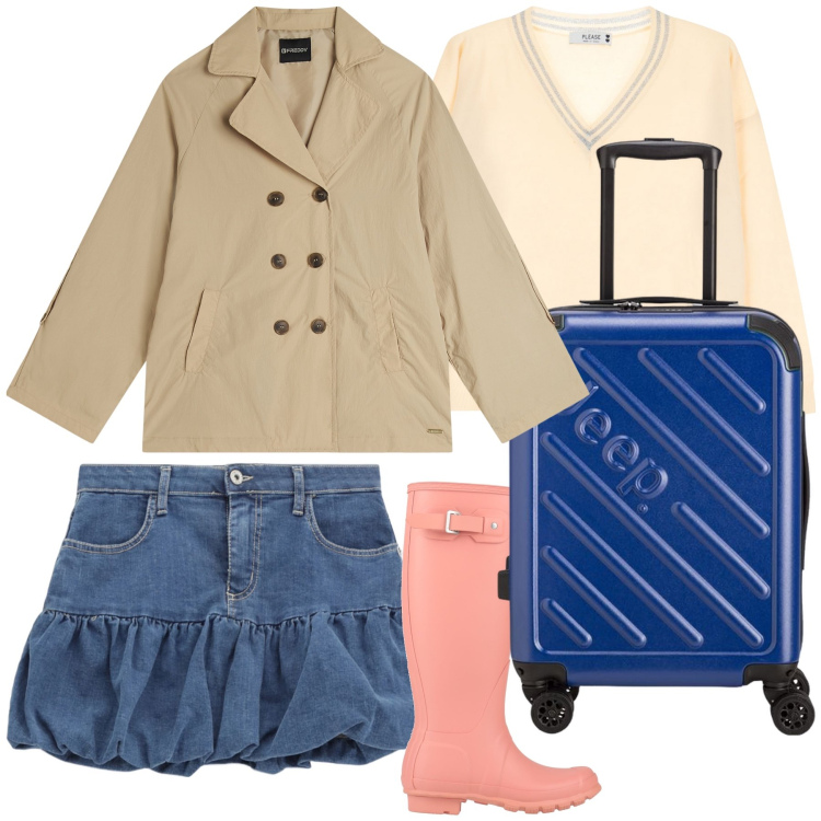 Outfit donna - Viaggio in mini sotto la pioggia. Stile Trendy per Tutti i giorni. Abbinamento con stivali di gomma, minigonne, maglieria, trench, valigie.