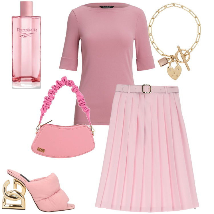Outfit donna - Lady @pink. Stile Romantica per Serata fuori. Abbinamento con borse a mano, sandali in pelle, profumi, gonne longuette, braccialetti, t-shirt.