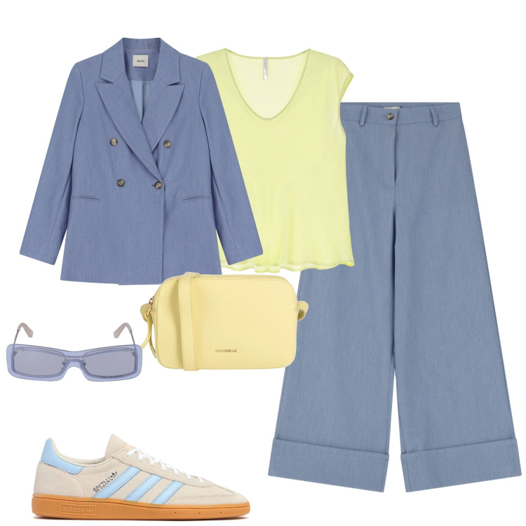 Outfit donna - Azzurro e giallo. Stile Urban per Tutti i giorni. Abbinamento con borse a tracolla, top, pantaloni a palazzo, blazer, sneakers, occhiali da sole.