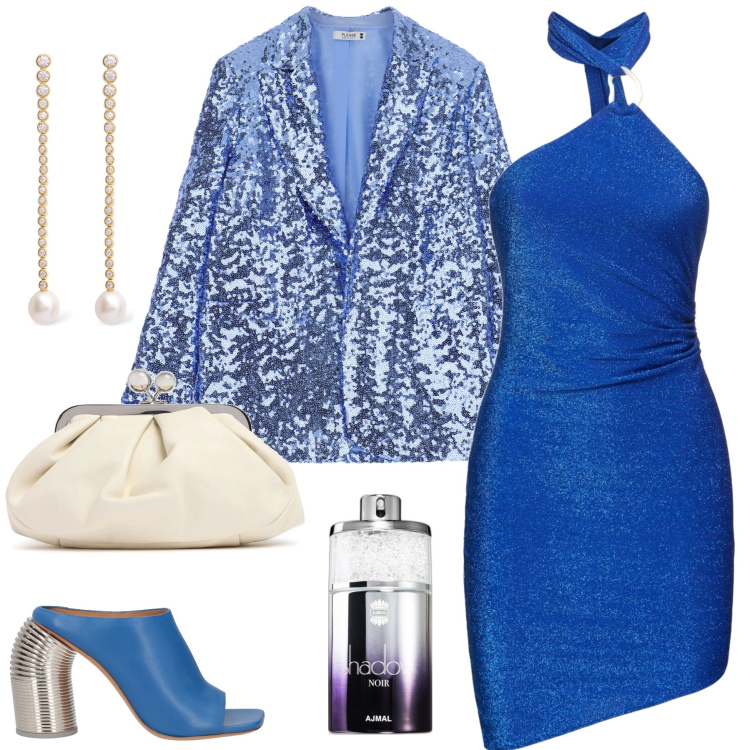 Outfit donna - Blu Island. Stile Chic per Serata fuori. Abbinamento con sandali in pelle, profumi, blazer, vestiti, orecchini, pochette.