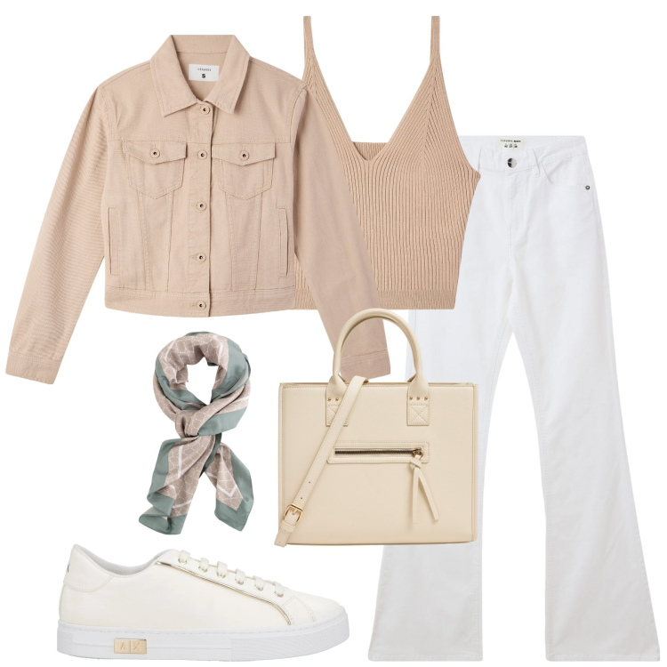 Outfit donna - Con le amiche. Stile Casual per Tutti i giorni. Abbinamento con sneakers, jeans a zampa, blazer, top, shopping bag, foulard.