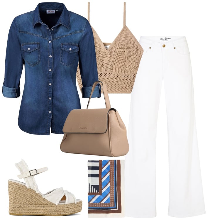 Outfit donna - City. Stile Urban per Tutti i giorni. Abbinamento con jeans, camicie, zaini, top, foulard, sandali col tacco.