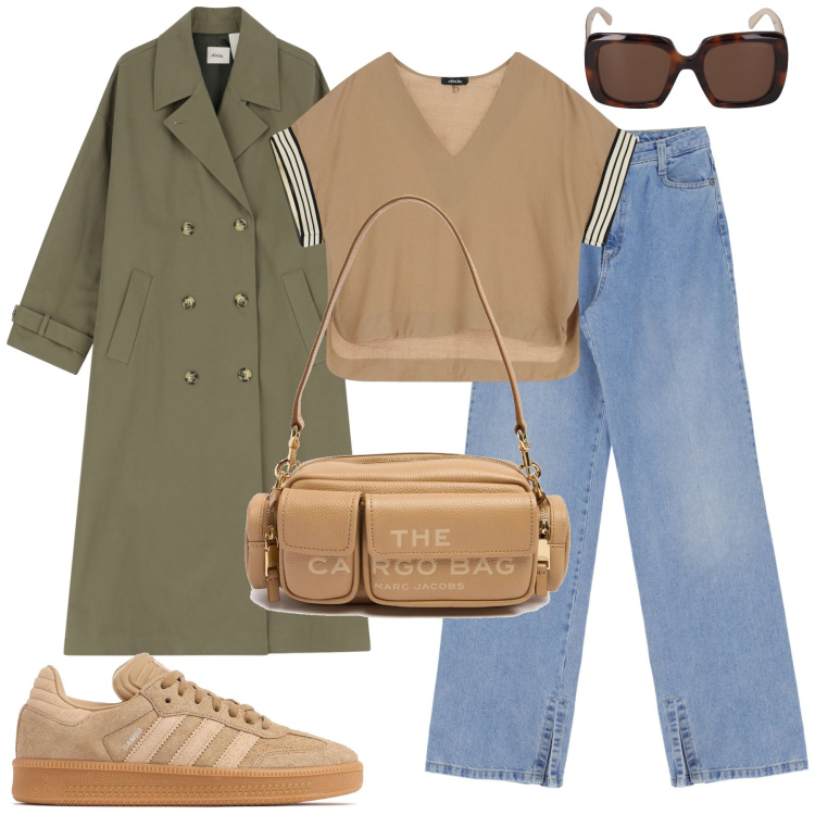 Outfit donna - City. Stile Casual chic per Tutti i giorni. Abbinamento con jeans, trench, t-shirt, sneakers, borse a spalla, occhiali da sole.
