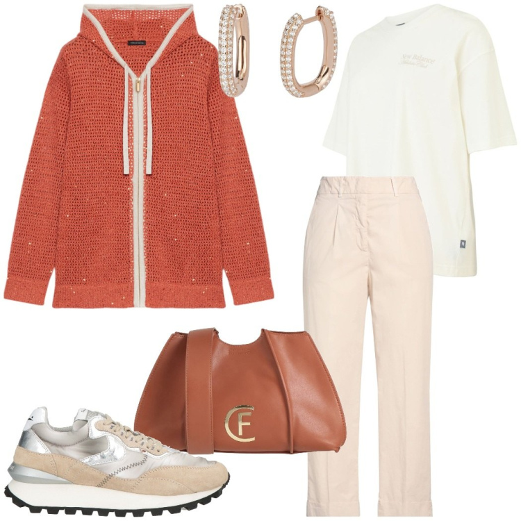 Outfit donna - In ufficio. Stile Casual chic per Ufficio. Abbinamento con sneakers, borse a tracolla, pantaloni, orecchini, t-shirt, cardigans.