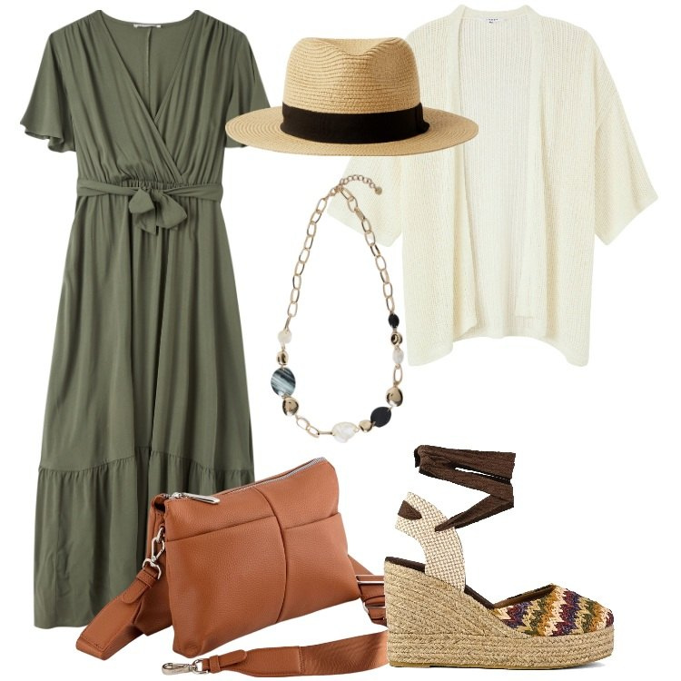 Outfit donna - Bohemien in Primavera. Stile Boho per Tutti i giorni. Abbinamento con kimono, vestiti lunghi, cappelli, collane, sandali col tacco, borse a tracolla.