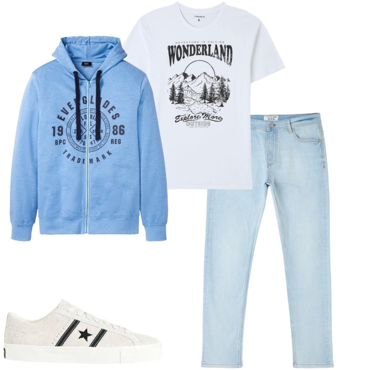 Outfit uomo - T-shirt con slogan. Stile Casual per Tutti i giorni. Abbinamento con felpe con cappuccio, sneakers, jeans skinny, t-shirt.