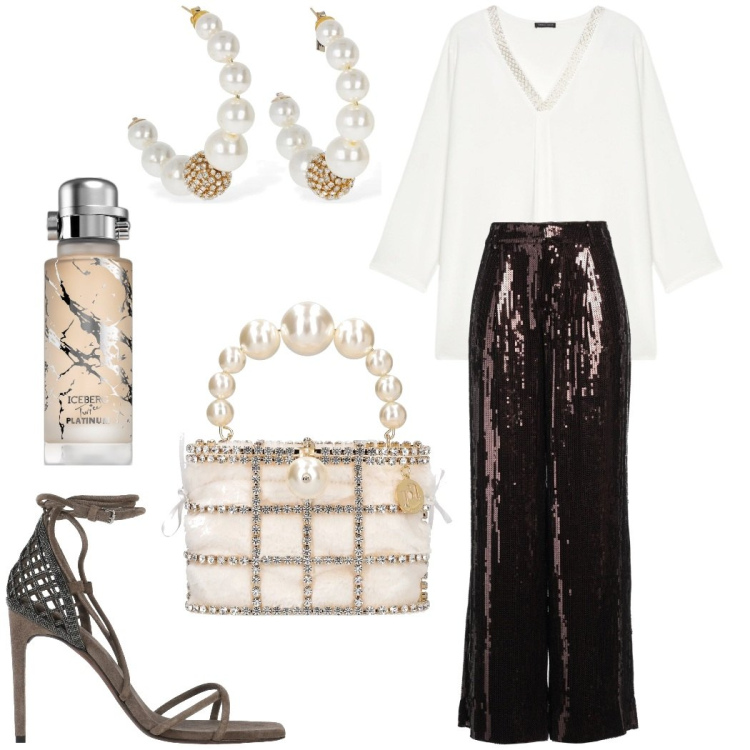 Outfit donna - Serata scintillante. Stile Glamour per Serata fuori. Abbinamento con pantaloni, sandali in pelle, profumi, t-shirt, orecchini, pochette.