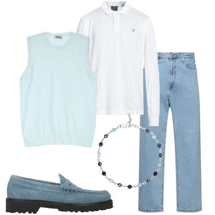 Outfit uomo - Colori pastello. Stile Trendy per Tutti i giorni. Abbinamento con scarpe stringate, polo, braccialetti, maglieria, jeans.