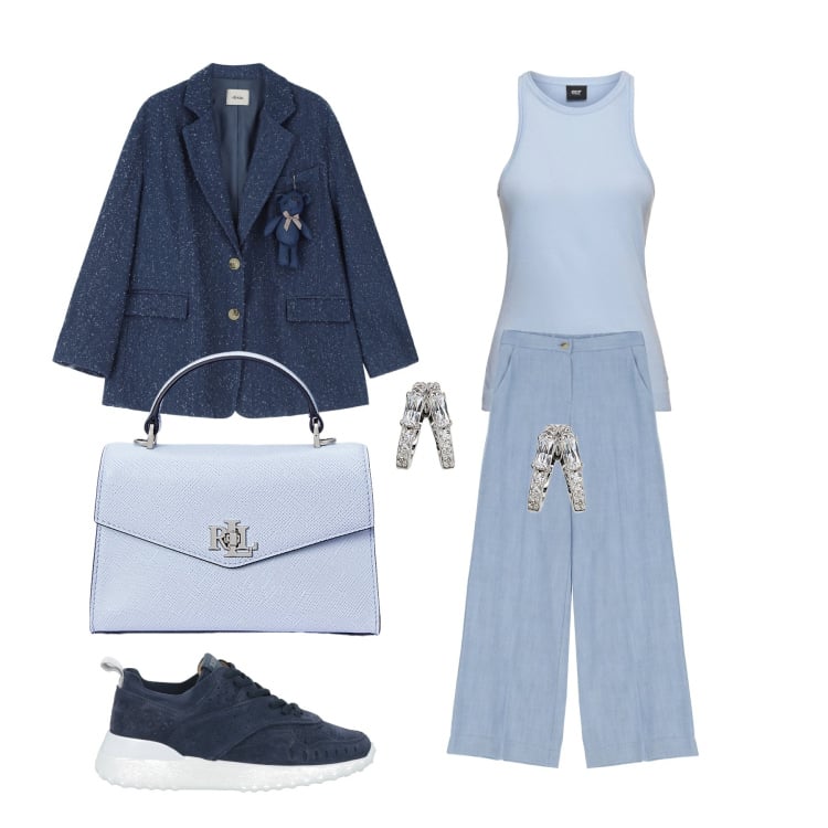 Outfit donna - L’azzurro. Stile Casual chic per Tutti i giorni. Abbinamento con sneakers, jeans, blazer, borse a mano, orecchini, canottiere.
