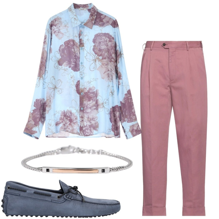Outfit uomo - Colori pastello. Stile Trendy per Serata speciale. Abbinamento con pantaloni, scarpe stringate, braccialetti, camicie.
