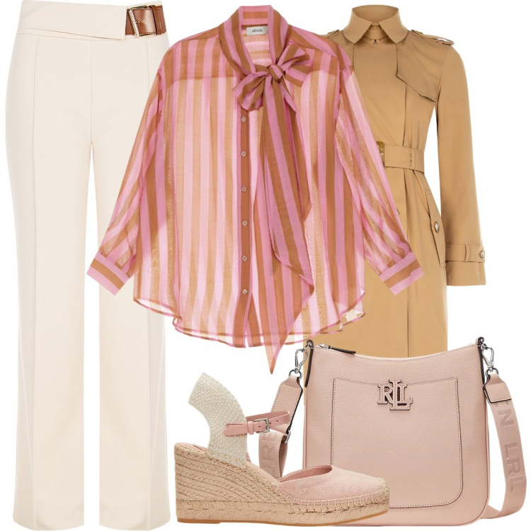 Outfit donna - Rosa antico e beige. Stile Bon Ton per Ufficio. Abbinamento con camicie, trench, pantaloni, espadrillas, borse a tracolla.