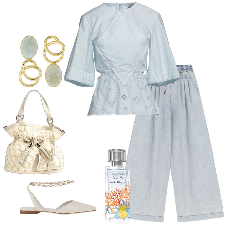 Outfit donna - Oceani di seta. Stile Romantica per Tutti i giorni. Abbinamento con top, borse a secchiello, ballerine, profumi, jeans, orecchini.