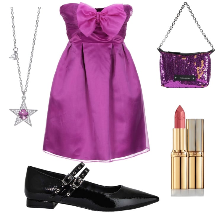 Outfit donna - Al compleanno. Stile Romantica per Cerimonia. Abbinamento con rossetti, vestiti corti, borse a mano, collane, ballerine.