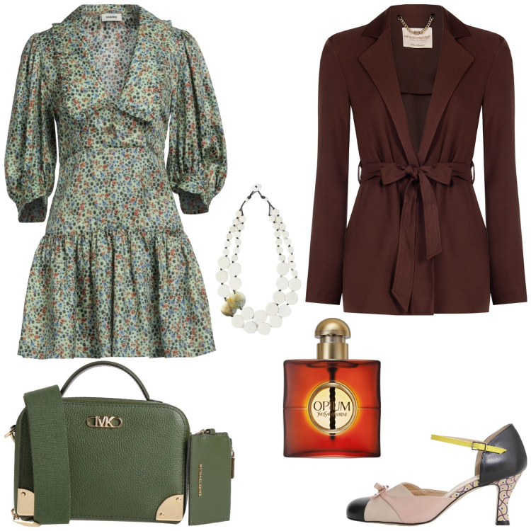 Outfit donna - Floreale vintage in primavera -@jsabelle. Stile Vintage retrò per Tutti i giorni. Abbinamento con vestiti corti, borse a tracolla, profumi, décolleté, blazer, ciondoli.
