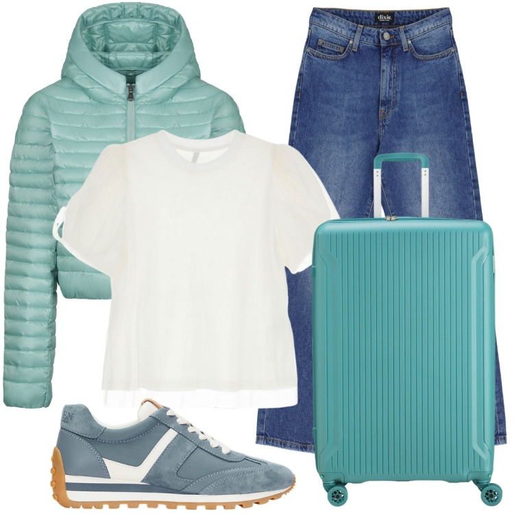 Outfit donna - Viaggio primaverile. Stile Casual per Tutti i giorni. Abbinamento con t-shirt, jeans dritti, sneakers, piumini, valigie.